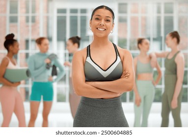 Gym, arms crossed and portrait of woman, group and fitness of trainer with smile and workout. Health club, people and ready for pilates, exercise and routine in morning, wellness and confident - Powered by Shutterstock