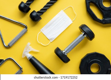 Gym Background With Fitness Equipment Concept : Workout From Home Stay Safe From COVID-19