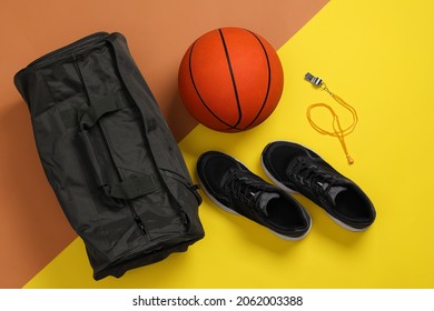 Gym Bag And Sports Equipment On Color Background, Flat Lay