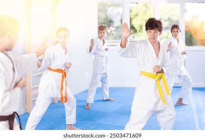 In gym, certified master coach conducts karate kata lesson with children boys girls team students group and shows sequence of actions when conducting close fight - Powered by Shutterstock