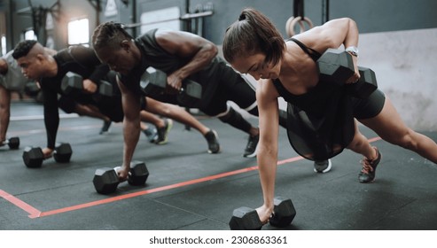 Gym class, weights and plant of workout, training and exercise group with strength. Diversity, people and strong challenge for body lifting and fitness of athlete friends with dumbbell for health - Powered by Shutterstock