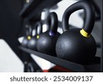 Gym, equipment and kettlebell on rack for weightlifting, muscle development or sport membership. Health, wellness and shelf of dumbbells for closeup, exercise or weight training tools at fitness club