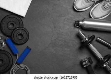 Gym Equipment On Black Background, Flat Lay. Space For Text