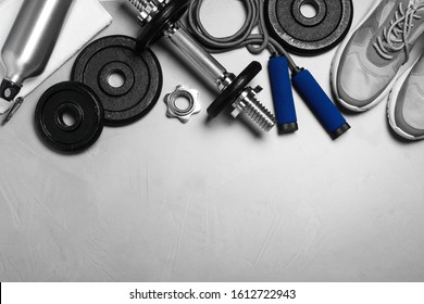 Gym Equipment On Light Grey Background, Flat Lay