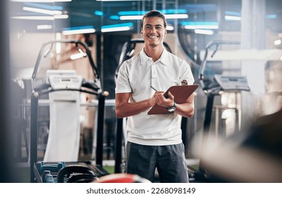Gym, fitness and portrait of a personal trainer with a clipboard for a training consultation. Happy, smile and sports coach or athlete with a wellness, health and exercise checklist in workout center - Shutterstock ID 2268098149