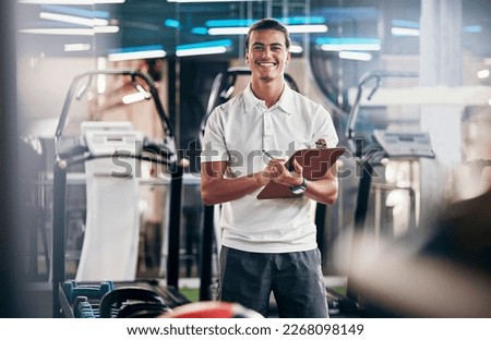 Gym, fitness and portrait of a personal trainer with a clipboard for a training consultation. Happy, smile and sports coach or athlete with a wellness, health and exercise checklist in workout center