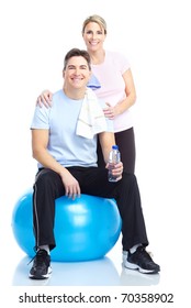 Gym & Fitness. Smiling mature couple working out. Isolated over white background