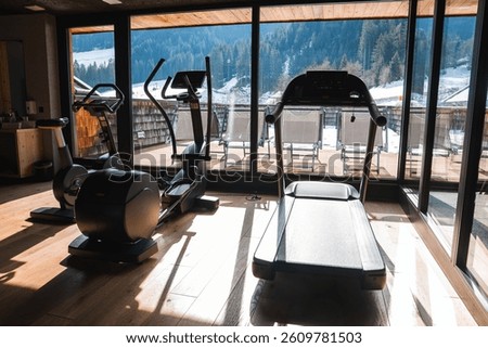 A gym with floor to ceiling windows, high end equipment, and a wooden deck outside, offering views of snow covered mountains and forested slopes.