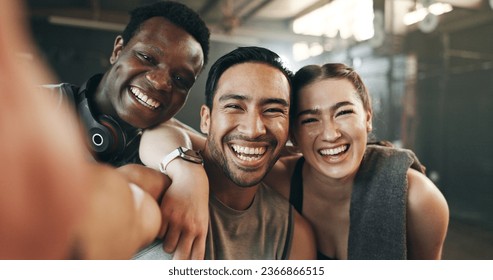 Gym friends, group selfie and face with peace sign, funny joke and health for post on web blog. Men, woman and fitness team with photography, comic video and exercise with social media live streaming - Powered by Shutterstock