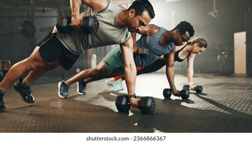 Gym, group and dumbbell rowing exercise for power, muscle and challenge in workout class. Diversity of strong people, bodybuilding and push up with weights for fitness, healthy training and action - Powered by Shutterstock