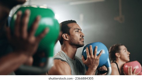 Gym, group fitness and kettlebell squat exercise for power, sports challenge and muscle. Serious asian man, bodybuilder and heavy weights for training in health club, workout class and strong friends - Powered by Shutterstock