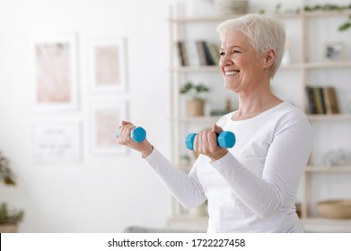 Gym At Home. Positive Aged Woman Training With Dumbbells In Living Room, Copy Space
