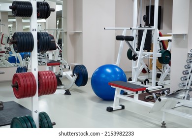 Gym Modern Fitness Center Room. Empty Hall With Simulators On Different Muscles. No People