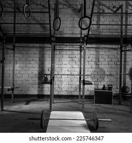 Gym nobody with barbells kettlebells bars and weightlifting gear