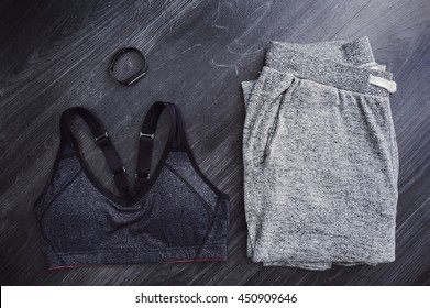 Gym Outfit - Workout Clothing In Gray Colors. Matching Clothes, Sports Bra.