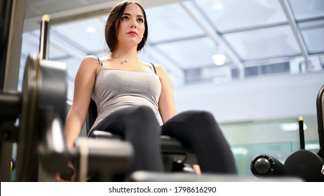 Gym Seated Leg Curl Machine Exercise Woman In The Gym