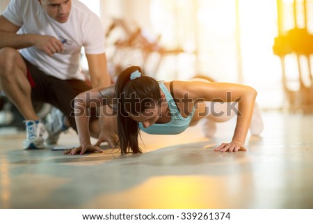 Similar – Image, Stock Photo two young fitness women training hip thrust in a gym