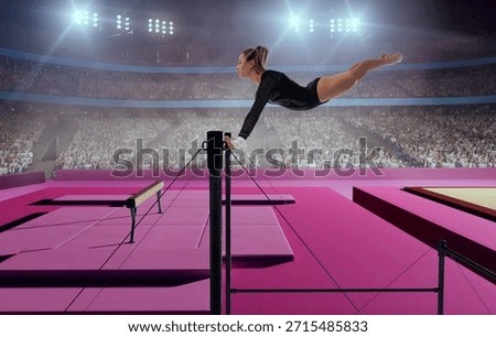 A gymnast performs a difficult trick on a horizontal bar.