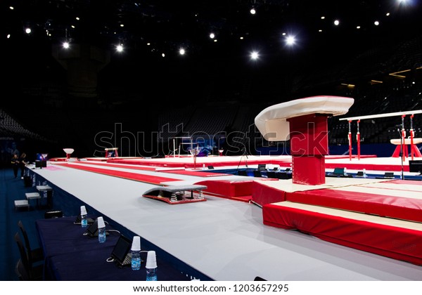 A\
gymnastic vaulting horse in a gymnastic arena\
