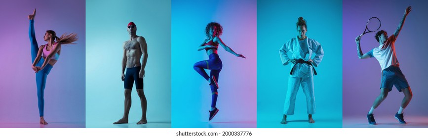 Gymnastics, Fitness, Swimming, Judo. Collage Of Different Professional Male And Female Sportsmen Isolated On Multicolored Background In Neon Light At Studio. Flyer. Advertising Concept