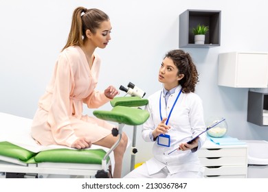 Gynecologist Consultation, Women's Health Treatment And Diagnosis Of Diseases Of The Reproductive System. Checking The Female Health, Exam Ovaries, And Uterus In The Gynecology Office.