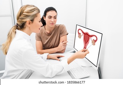 Gynecologist consulting a woman patient, talking about diseases of the uterus and ovaries, pointing on anatomical illustration uterus on a monitor