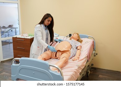 Gynecologist Doctor Student With Childbirth Pregnancy Model Doll. Human Anatomy Practice