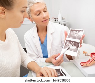 Gynecologist Explaining To A Patient A Results Of Ovarian Ultrasound. Female Health Examination, Gynecology.