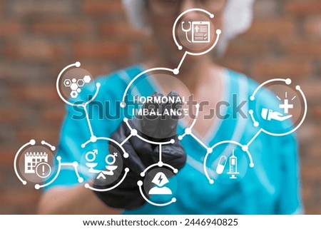 Gynecologist using virtual touch screen presses inscription: HORMONAL IMBALANCE. Hormonal imbalance medicine and healthcare concept. Hormone disproportion. Woman hormonal imbalance.