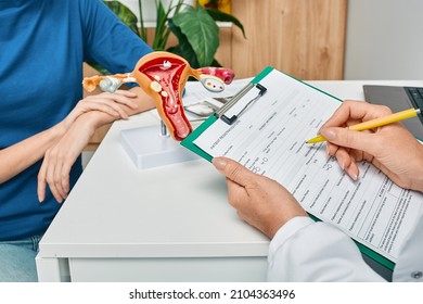 Gynecology, Consultation Of Gynecologist. Adult Woman While Visit To Gynecologist At Medical Clinic