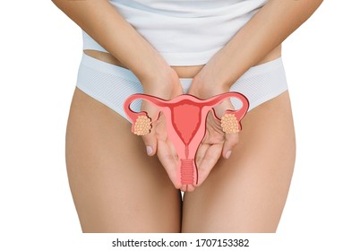 Gynecology, female intimate health. Woman holding model of vagina and ovaries. Treatment uterus, female fertility
