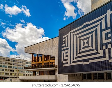 Gyor, Hungary - Jun 02 2020 : Detail of the National Theatre building of Gyor, the theatre building is a divisive, modern piece of architecture, decorated by such renowned artist as Victor Vasarely 