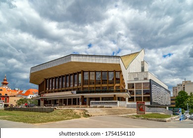 Gyor, Hungary - Jun 02 2020 : The National Theatre of Gyor, the theatre building is a divisive, modern piece of architecture, decorated by such renowned artist as Victor Vasarely .