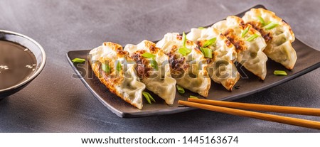 Gyoza or dumplings snack with soy sauce, selective focus, copy space.