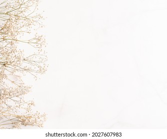 Gypsophila (baby breath flower) background. Frame for text made of dried white wedding flowers. Copy space. Pastel colors. Top view. Flat layout template. Card design. - Shutterstock ID 2027607983