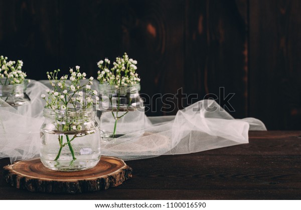 Gypsophila Bottle Wooden Background Wedding Decoration Stock Photo