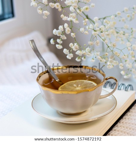 Similar – Still life with cup of tea at the window