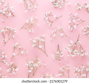 Gypsophila flowers on pastel background. Flat lay, top view, copy space. - Shutterstock ID 2176301279