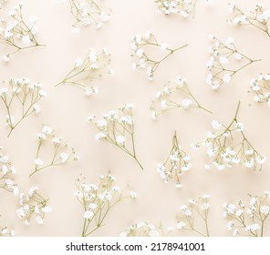 Gypsophila flowers on pastel background. Flat lay, top view, copy space. - Shutterstock ID 2178941001