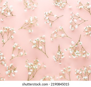 Gypsophila flowers on pastel background. Flat lay, top view, copy space. - Shutterstock ID 2190845015