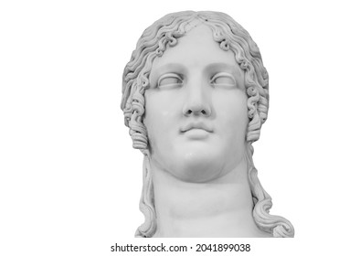 Gypsum copy of ancient statue Helen of Troy isolated on white background. Plaster sculpture woman face