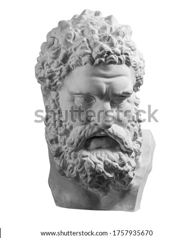 Gypsum copy of ancient statue Heracles head isolated on white background. Plaster sculpture man face.