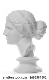 Gypsum Copy Of Ancient Statue Venus Head Isolated On White Background. Plaster Sculpture Woman Face.