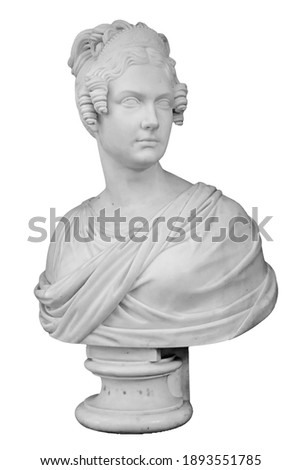 Gypsum copy of ancient statue woman head isolated on white background. Plaster sculpture woman face