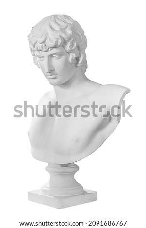 Gypsum copy of famous ancient statue Antinous bust isolated on a white background with clipping path. Plaster antique sculpture young man face. Renaissance epoch. Portrait