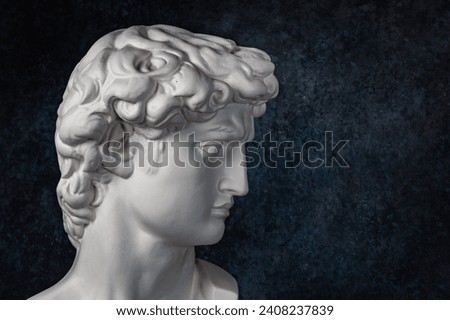 Gypsum copy of head statue David for artists on dark background. Replica of face famous sculpture youth of David by Michelangelo. Template design for art, dj, fashion, poster, zine. Renaissance epoch.