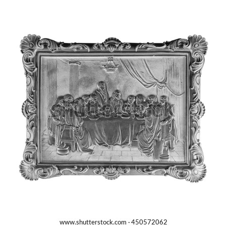 Gypsum dimensional picture with biblical scenes and the Last Supper Way to Calvary.