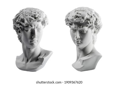 Gypsum statue of David's head. Michelangelo's David statue plaster copy isolated on white background. Ancient greek sculpture, statue of hero. - Shutterstock ID 1909367620