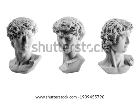Gypsum statue of David's head. Michelangelo's David statue plaster copy isolated on white background. Ancient greek sculpture, statue of hero.