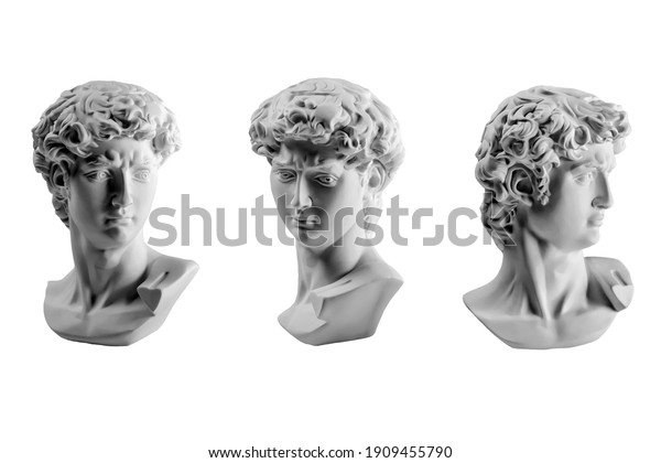 Gypsum statue of David\'s head. Michelangelo\'s David\
statue plaster copy isolated on white background. Ancient greek\
sculpture, statue of\
hero.
